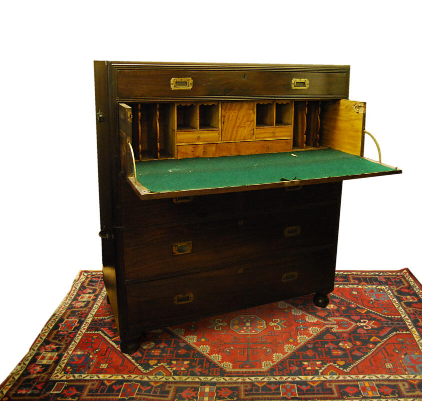 A large teak and camphor wood secretaire campaign chest, 19th Century