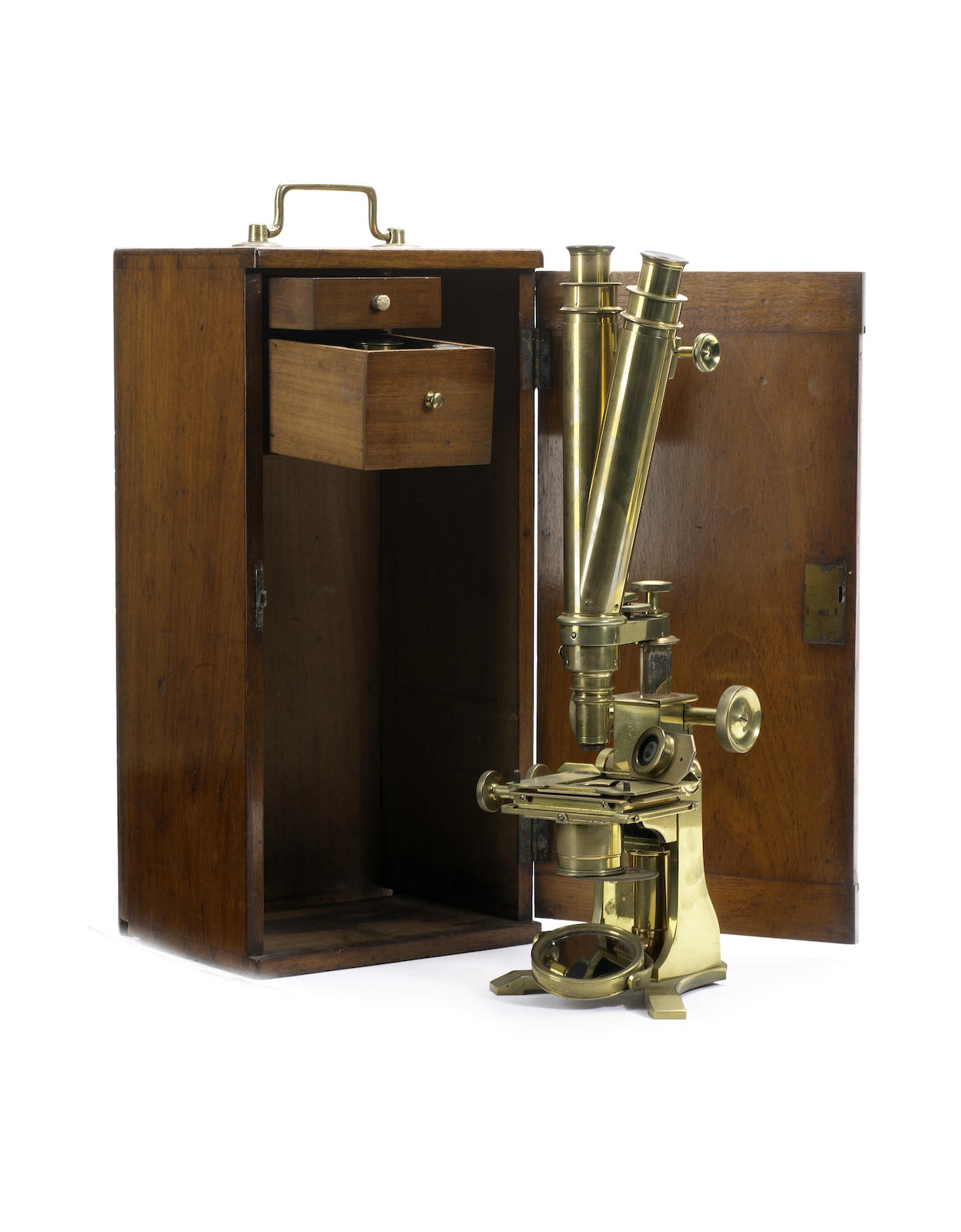 A Baker brass compound binocular microscope, English, late 19th century,