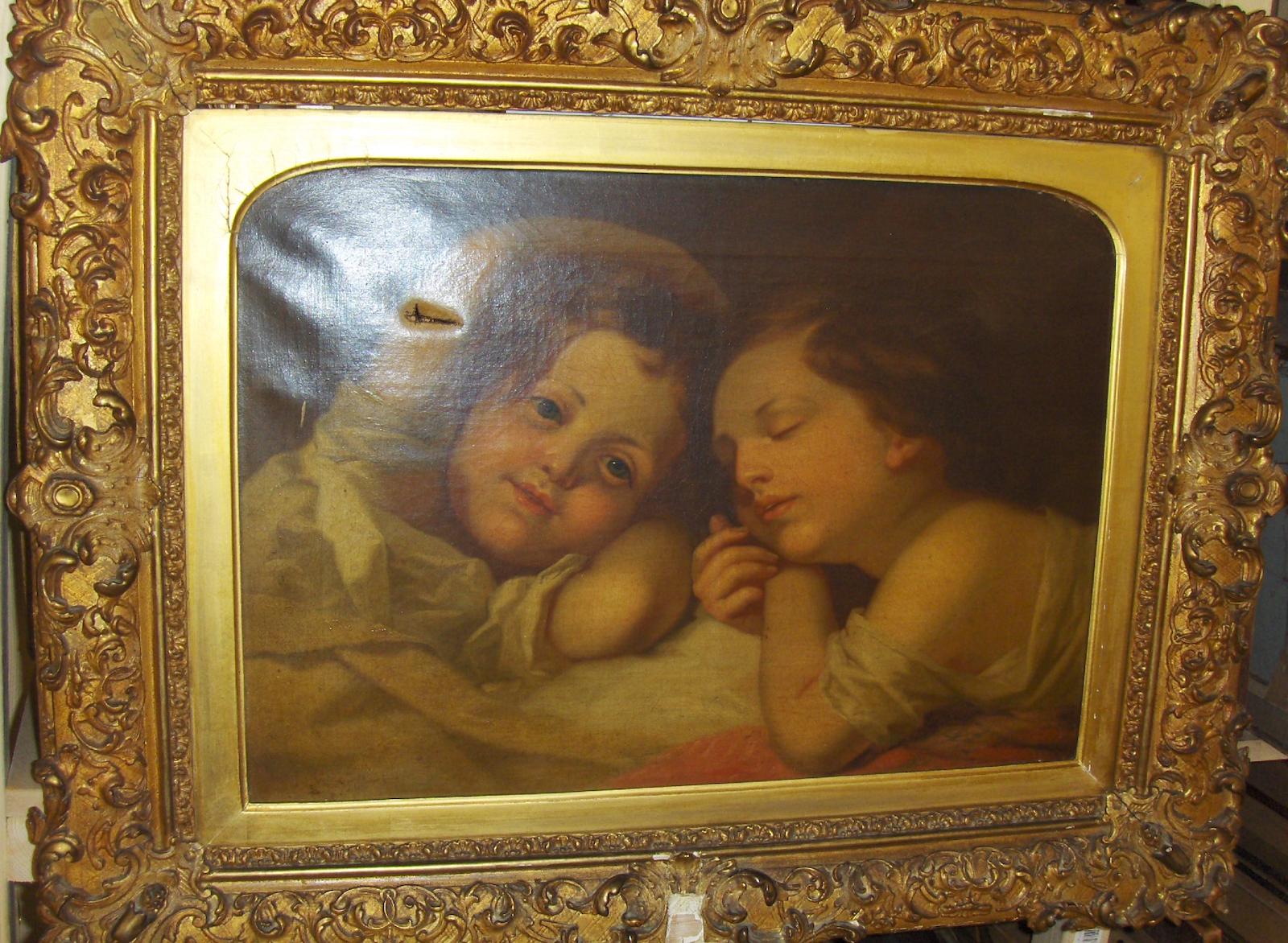 19th Century English school, A portrait of two young children, one sleeping