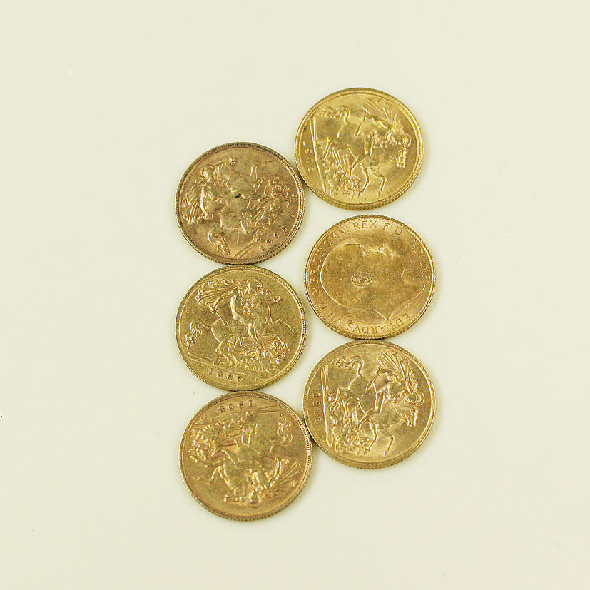 Edward VII: half sovereigns, 1905 (x 3), 1907, 1908: George V: half sovereign, 1912.