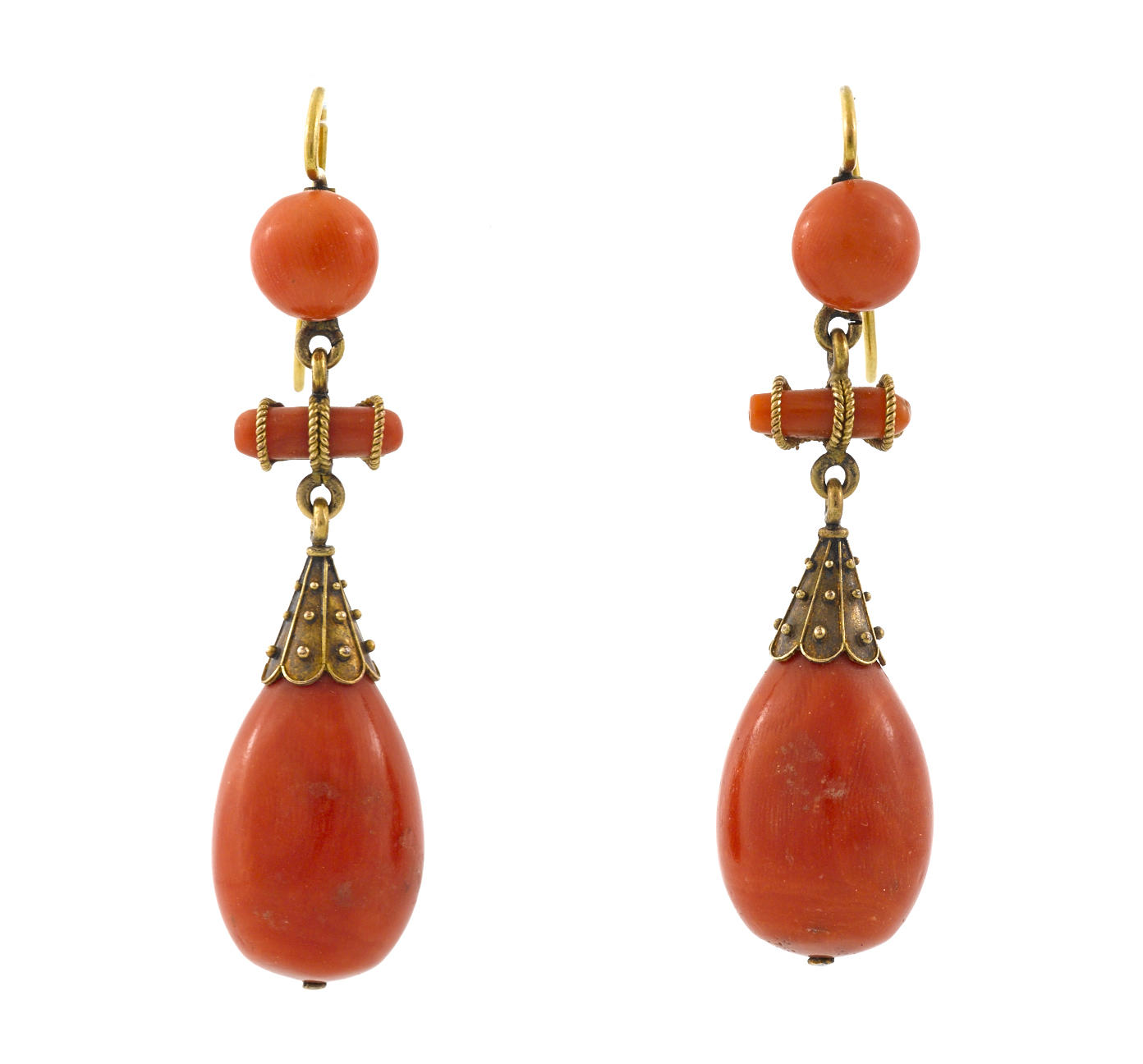 A pair of antique coral pendant earrings,