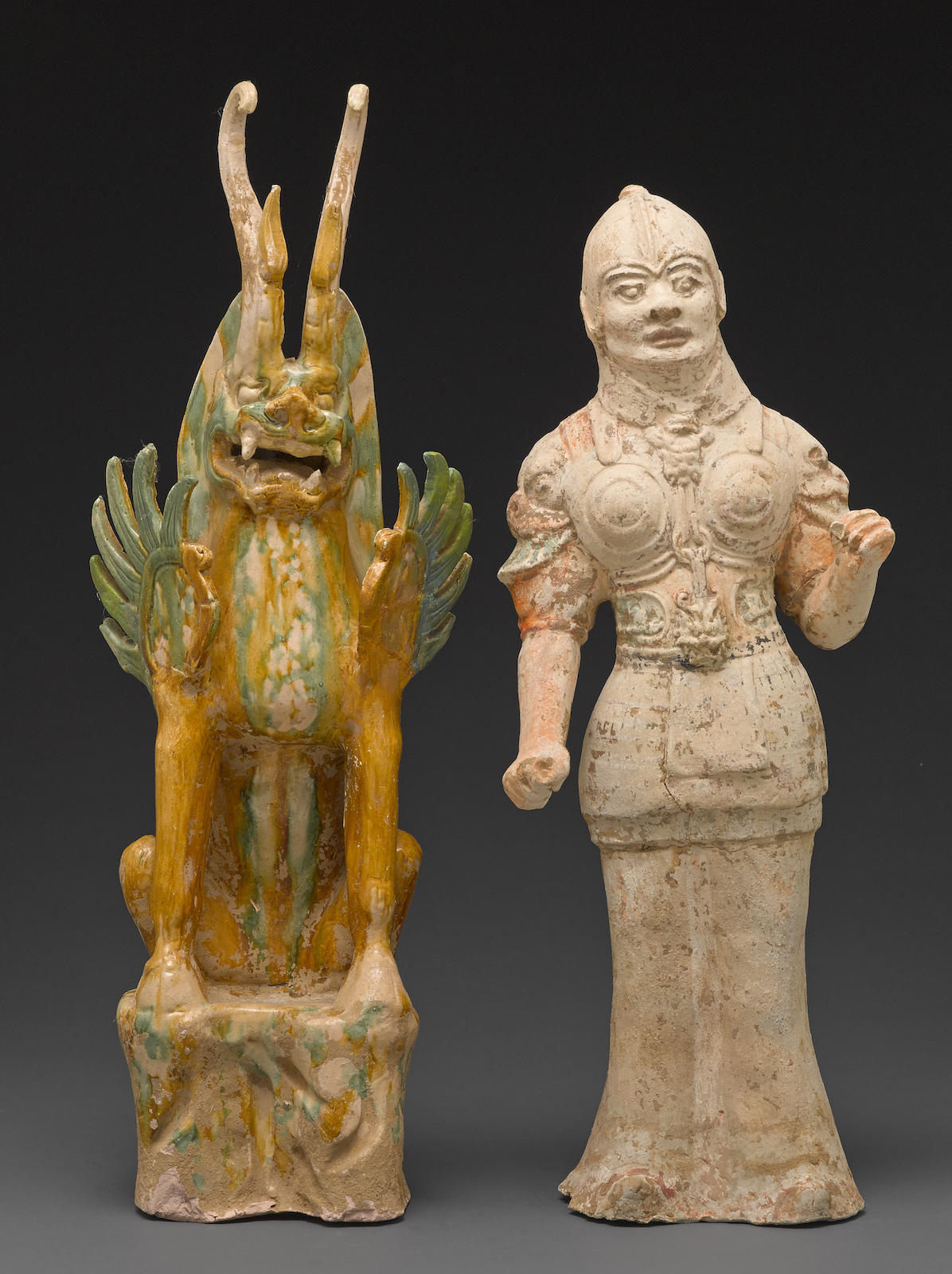 Two molded pottery tomb figures Tang dynasty