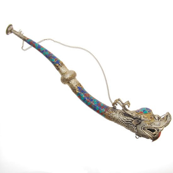 Vintage Silver Brass CloisonneTibet Ritual Horn