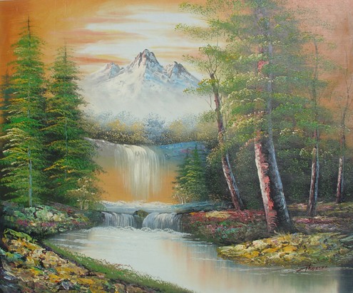 153: Oil Painting on Canvas Sunset Waterfall