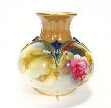 Royal Worcester squat vase hand painted with roses, printed factory