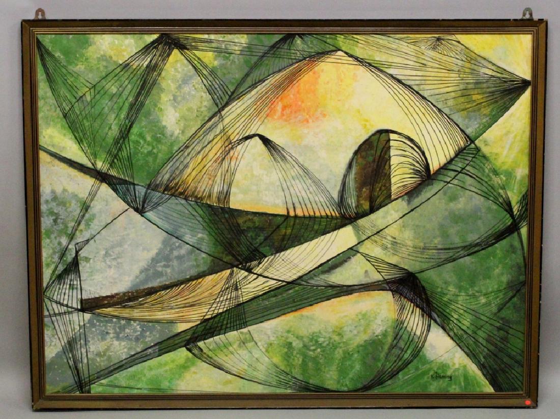 A LARGE FRAMED ABSTRACT OIL PAINTING ON BOARD. signed