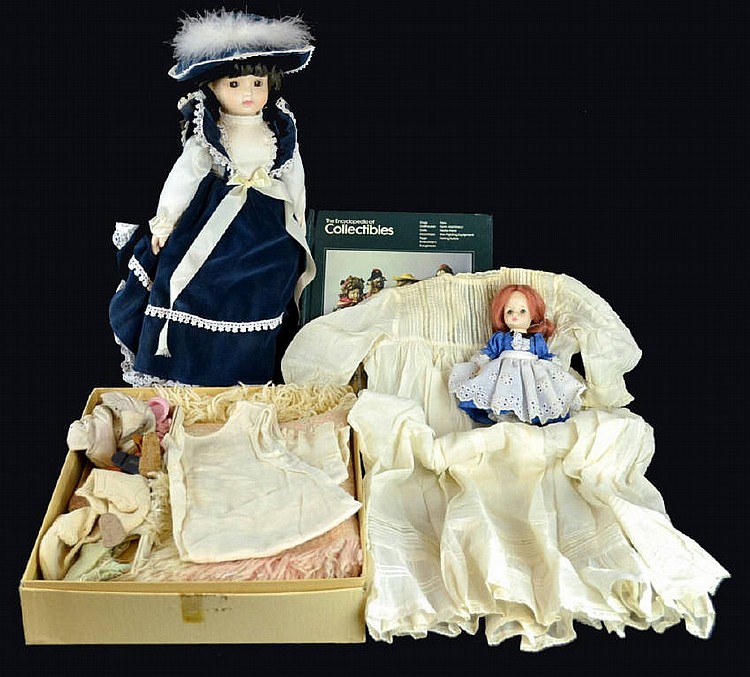Doll lot, 2 dolls & vintage doll clothes & book.