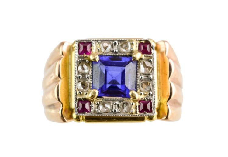 14K Gold Diamond, Sapphire & Ruby Ring