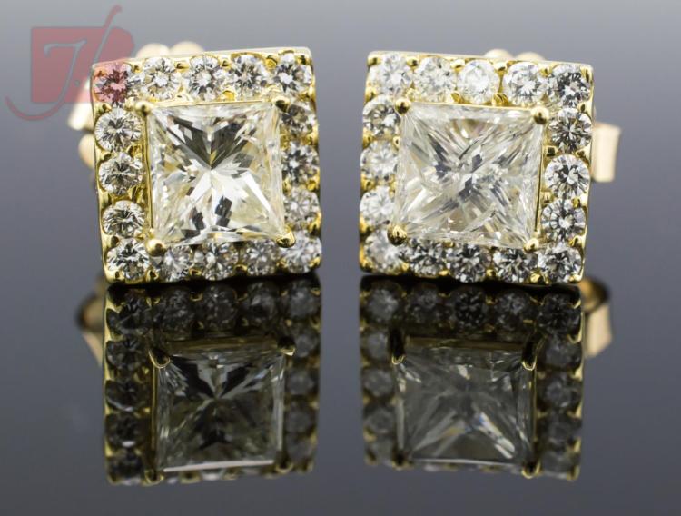 14K Yellow Gold Princess Cut Diamond Earring Pair