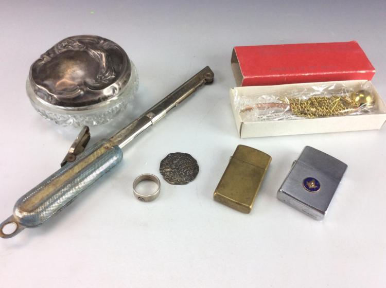 Sterling Silver Powder Jar, Zippo Lighter, Jewelry