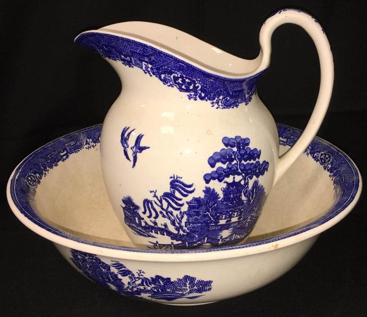 Blue Willow Transferware Pitcher & Bowl Set