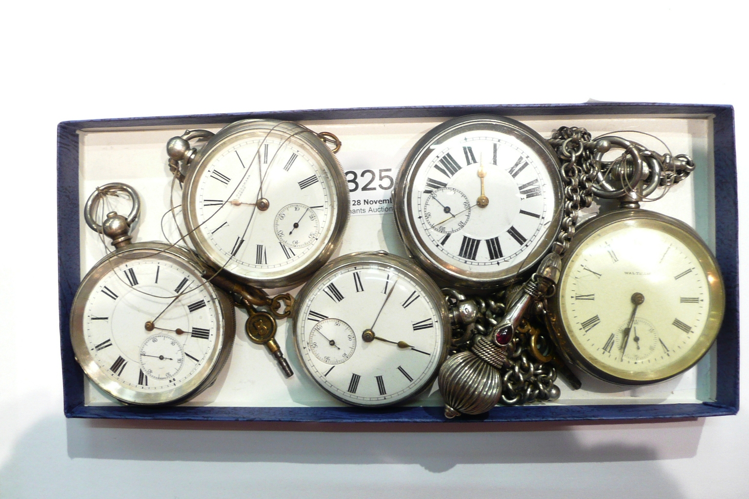 Five silver pocket watches