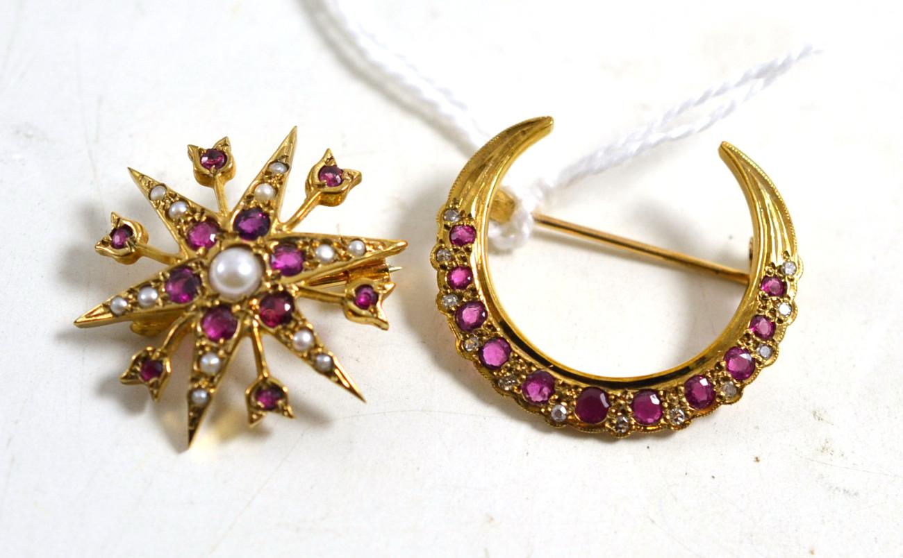 A 9ct gold ruby and split pearl star brooch