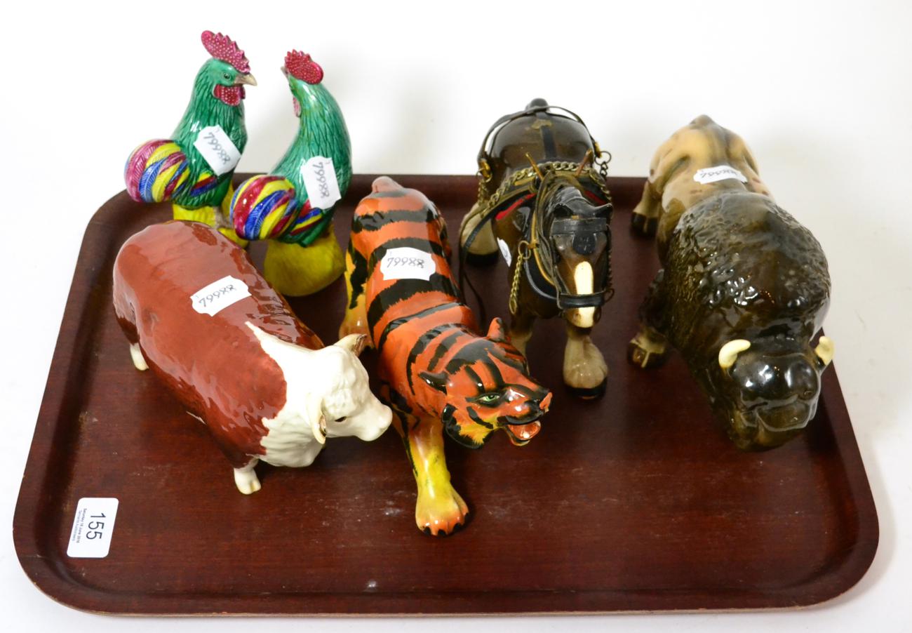 Beswick style pottery bull and five other ceramic animal/bird figures