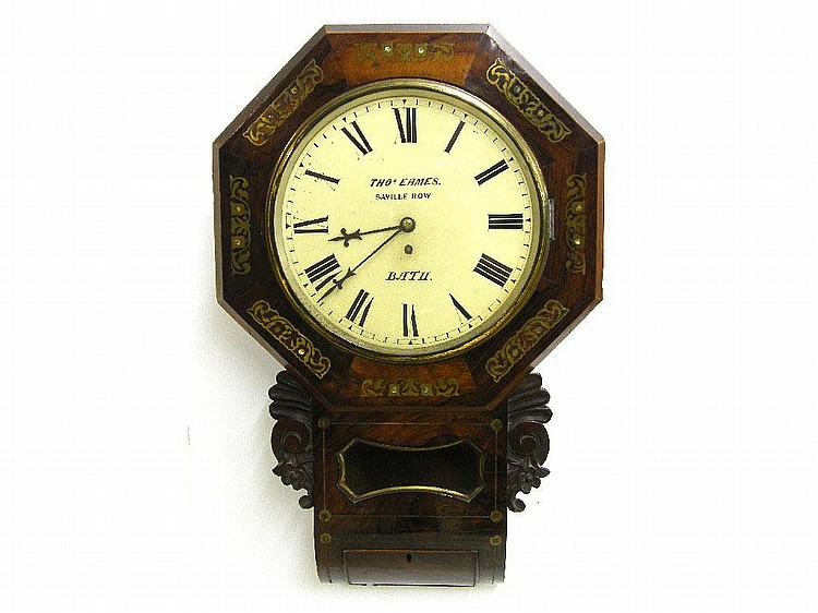 Mahogany single fusee 12" drop dial wall clock