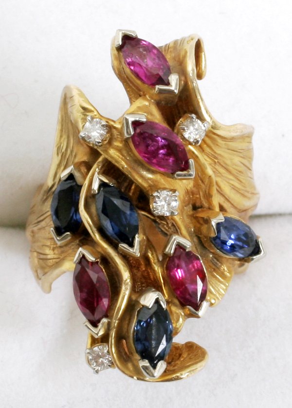 031057: 14K GOLD, SAPPHIRE, RUBY & DIAMOND RING