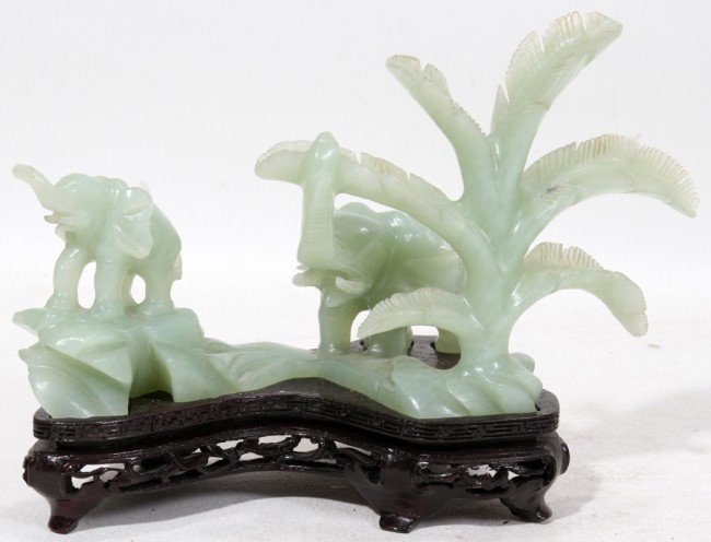 032310: CHINESE CARVED JADE ELEPHANT & TREE SCULPTURE