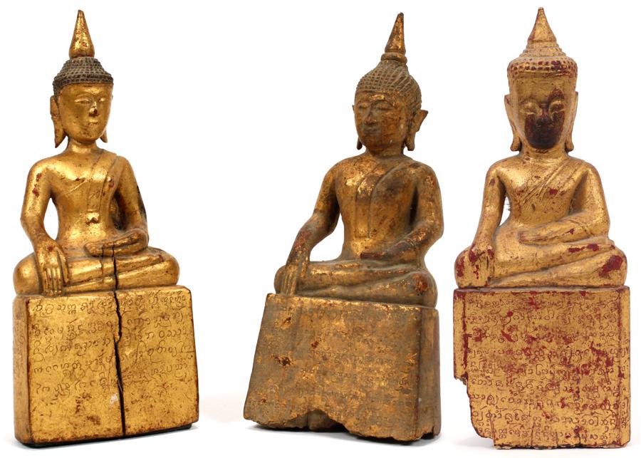 Thailand gilt wood buddhas, 3 pcs, h 9"