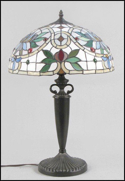 Quoizel leaded glass shade and table lamp.