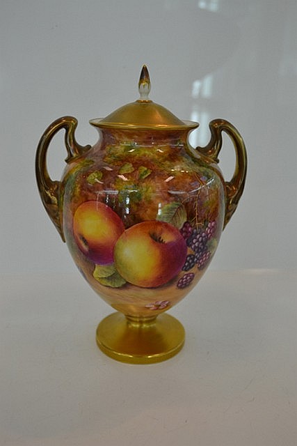 ROYAL WORCESTER TWO HANDLED LIDDED URN HAND PAINTED WITH...