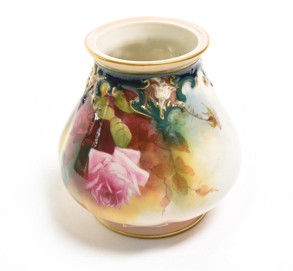 A ROYAL WORCESTER HAND PAINTED ROSE VASE