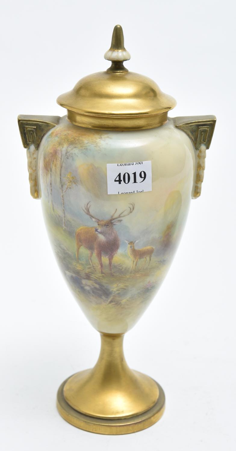 ROYAL WORCESTER PORCELAIN HAND PAINTED VASE WITH STAG IN LANDSCAPE