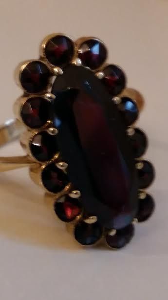 Gold ring with Bohemian rose cut garnets and oval almandine garnet