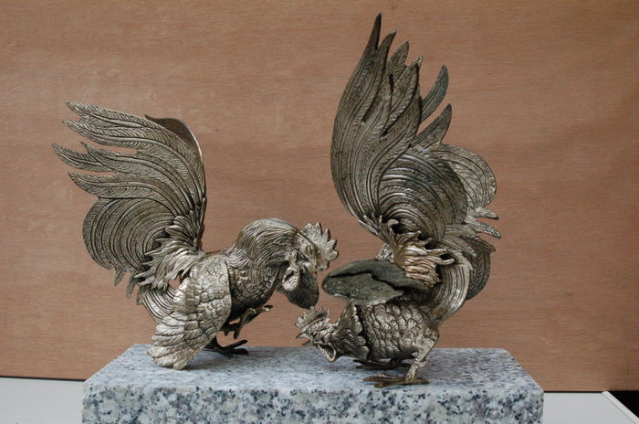 Few large silver fighting cocks - France - mid 20th century
