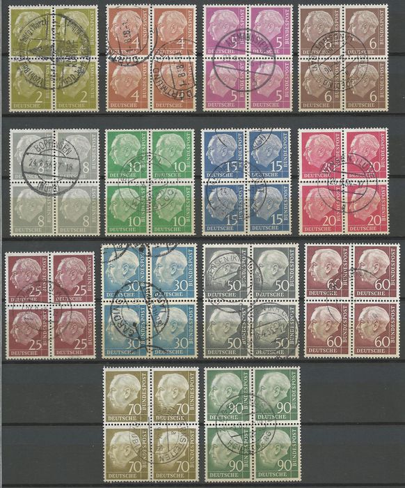 Federal Republic of Germany 1954 – Heuss I – Michel 177x/180x, 182x/187x, 189x/191x, 193x/196x in press sheets of 4
