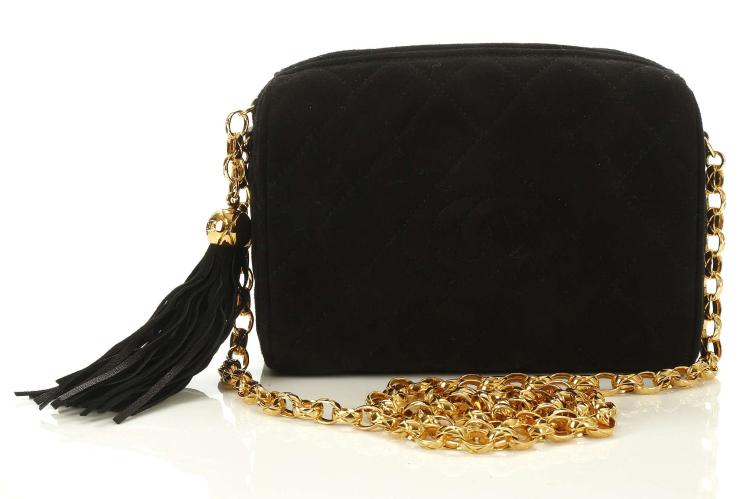 Chanel black suede tassel camera bag