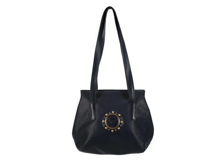 Gianni Versace navy blue leather Medusa head tote