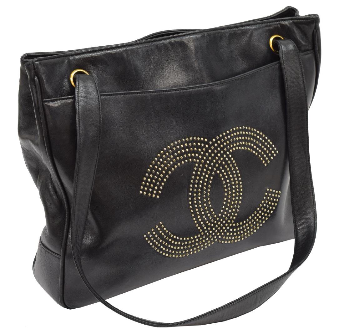 Chanel studded cc logo black leather tote bag