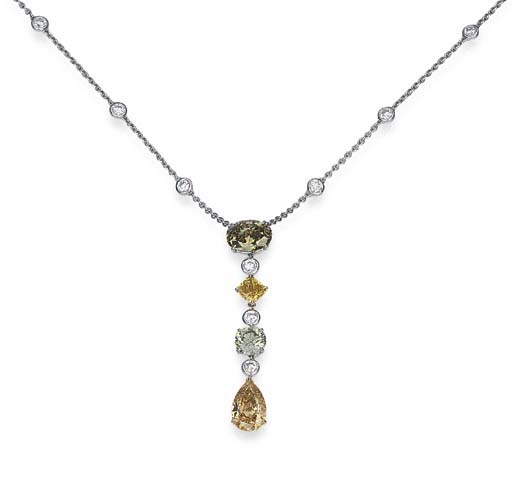 A FANCY COLOURED DIAMOND AND DIAMOND PENDANT NECKLACE
