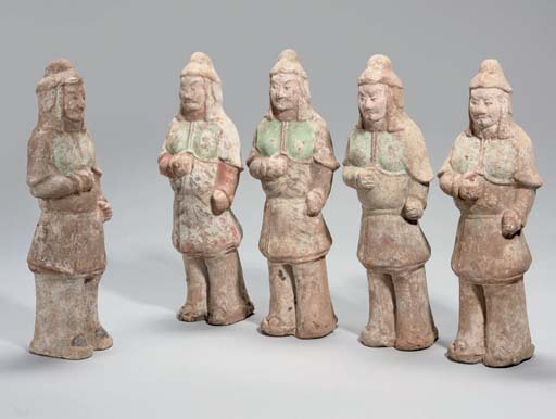 Five Chinese pottery models of soldiers, Northern Qi (550-577 AD)