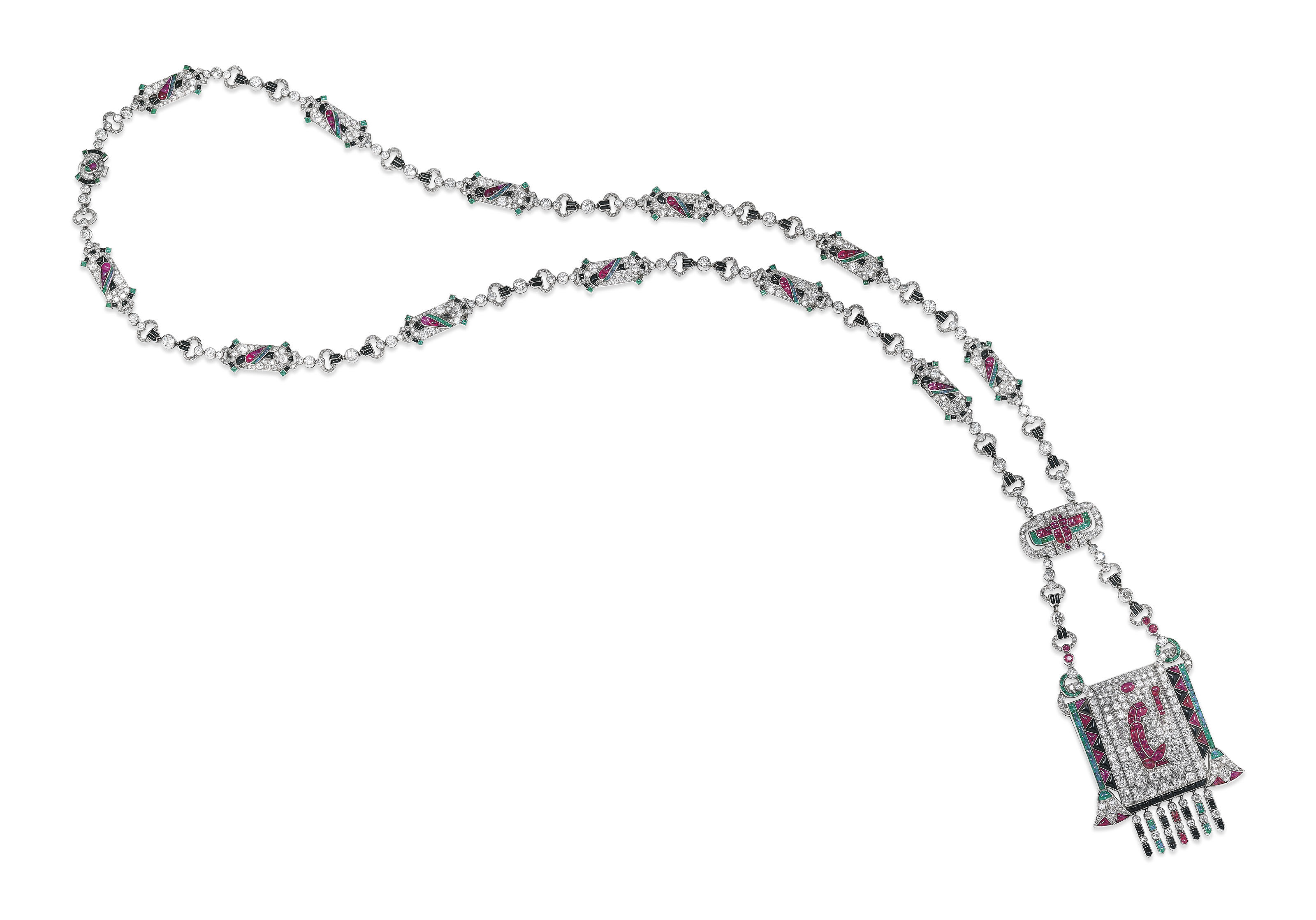 Exceptionally rare multi-gem egyptian revival sautoir, van cleef & arpels