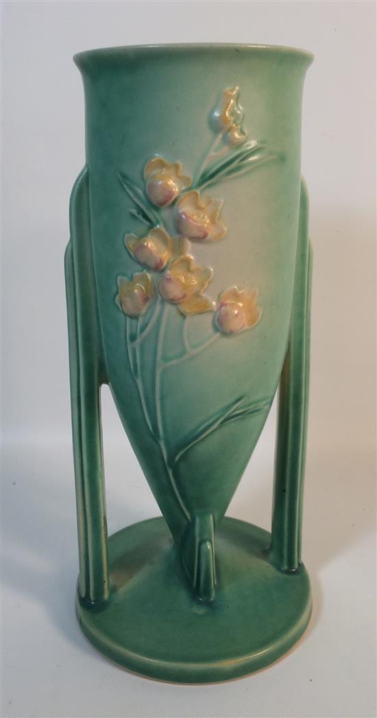 ROSEVILLE POTTERY IXIA GREEN #861-10 HANDLED VASE, 10½"