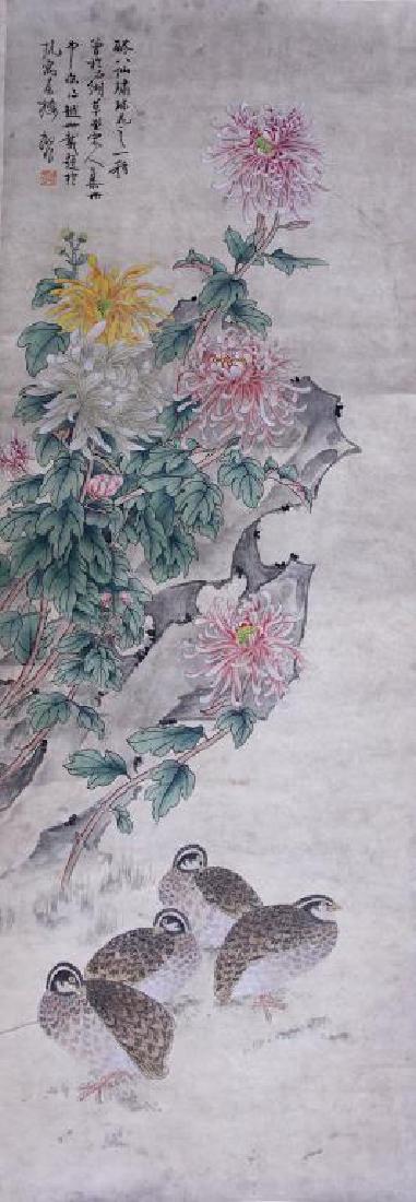 Chinese scroll painting of birds and chrysanthemum