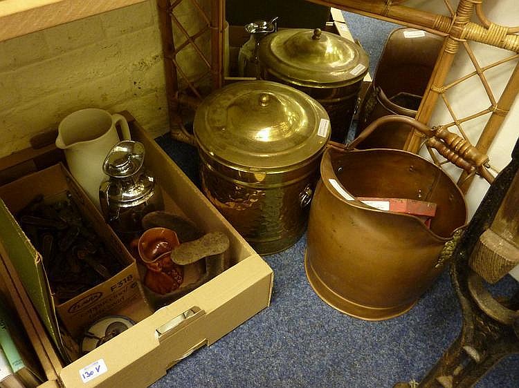 Cast iron Hopper, copper coal scuttle, stair grips