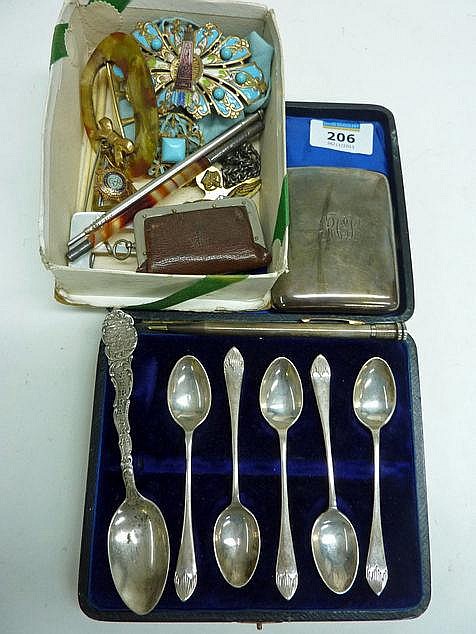 Hallmarked silver cigarette box, spoons,