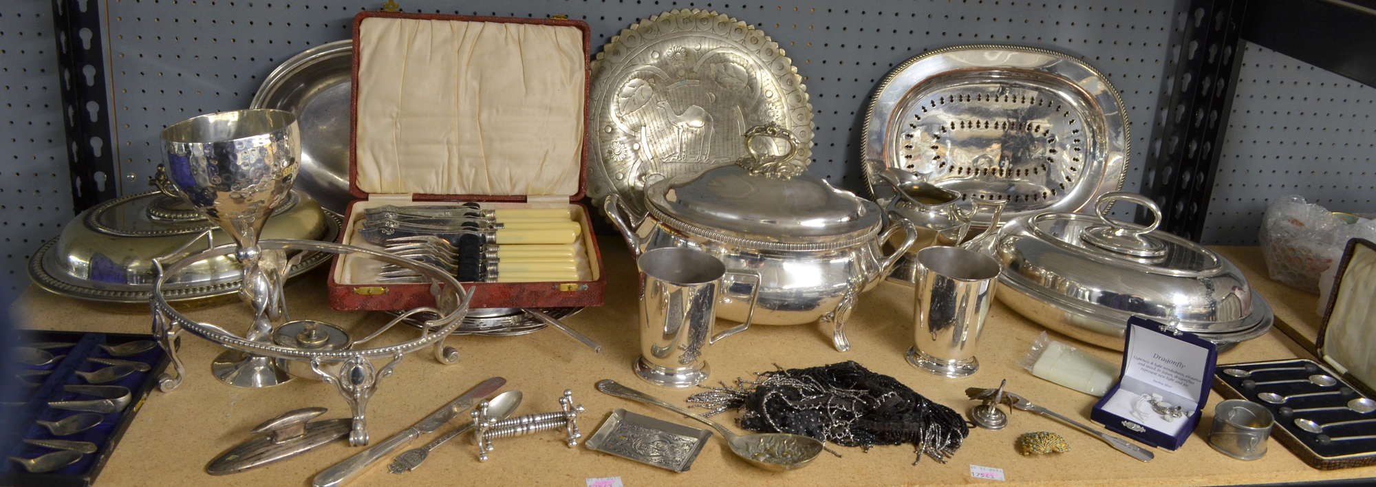 Silver plated soup tureen and plated items
