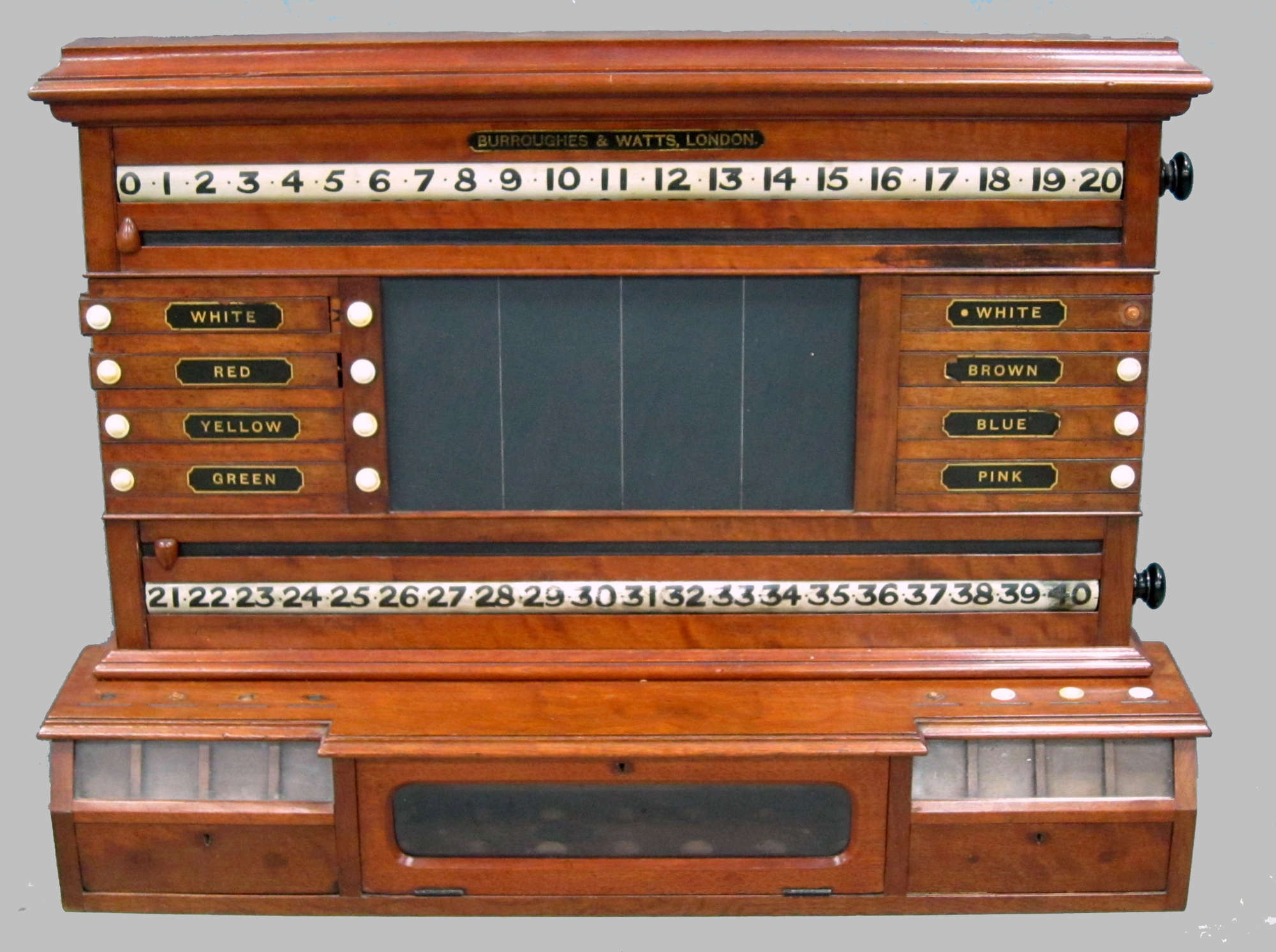 Early 20th century Burroughes & Watts mahogany framed snooker scoreboard