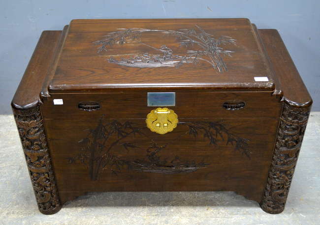 Chinese carved camphor wood chest