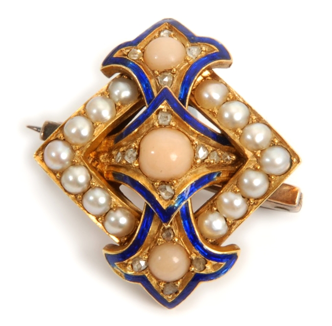 A Victorian coral and split pearl brooch,