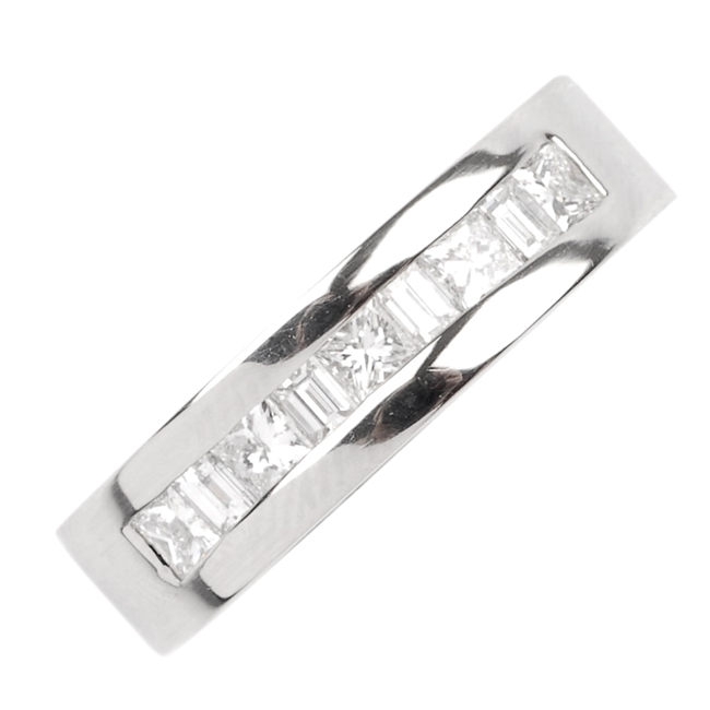 A platinum diamond half-band eternity ring.