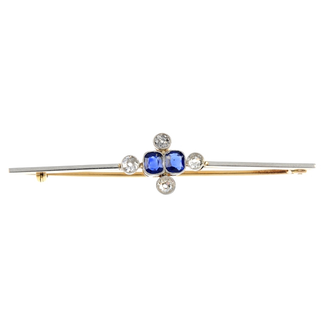 A mid 20th century sapphire and diamond bar brooch.