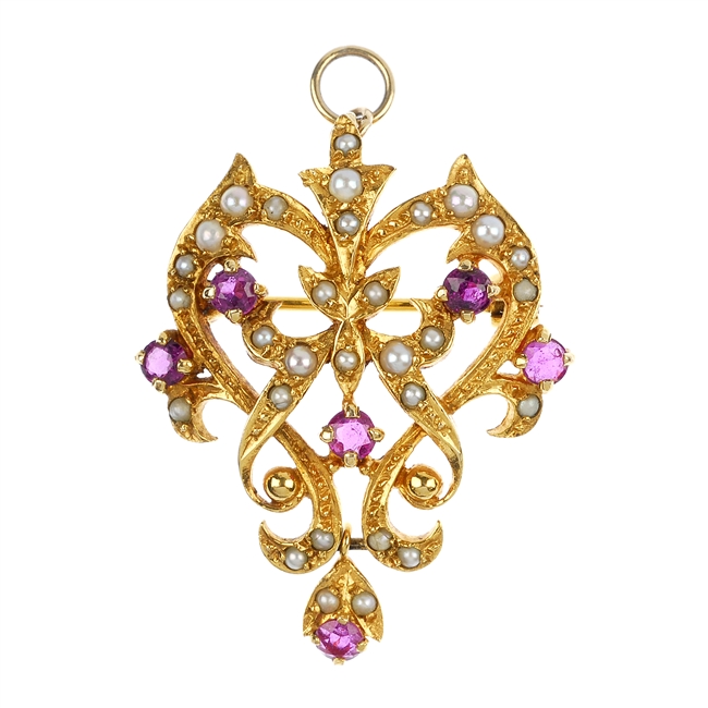 A 9ct gold ruby and split pearl pendant.