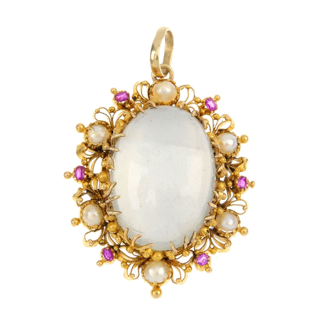 A moonstone, ruby and split pearl pendant.