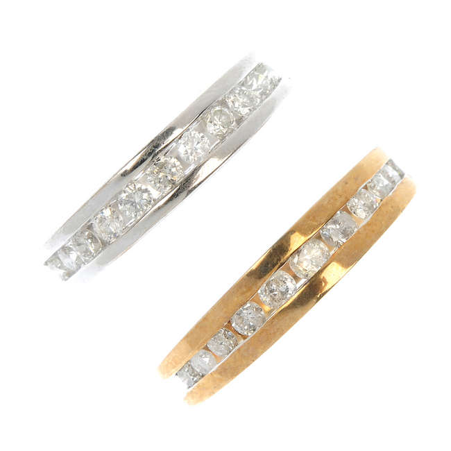 Two 9ct gold diamond half-circle eternity rings.