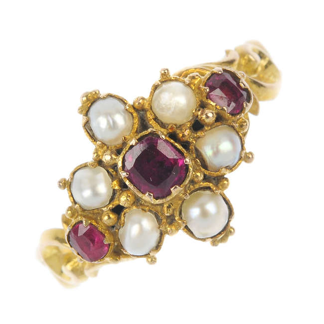 A mid Victorian 12ct gold ruby and split pearl cluster ring.