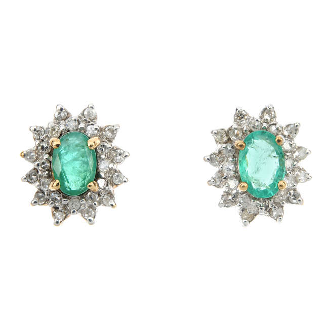 A pair of 9ct gold emerald and diamond cluster ear studs.